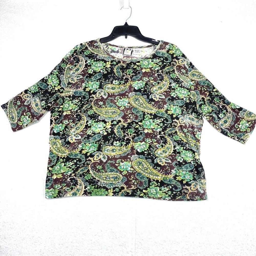 Take Two Paisley Top Women's 1X Green Brown Floral Round Neck 3/4 Sleeve Sequins